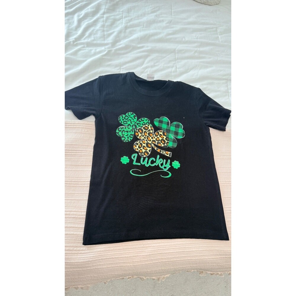 Lucky Shamrock T-Shirt Womens S / Mens XS Black St Patricks Day Leopard Plaid